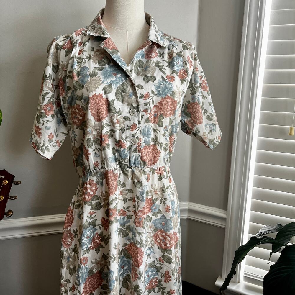 Vintage 90s Collared Dress Neutral Mauve Blue Floral Bohemian Size Medium